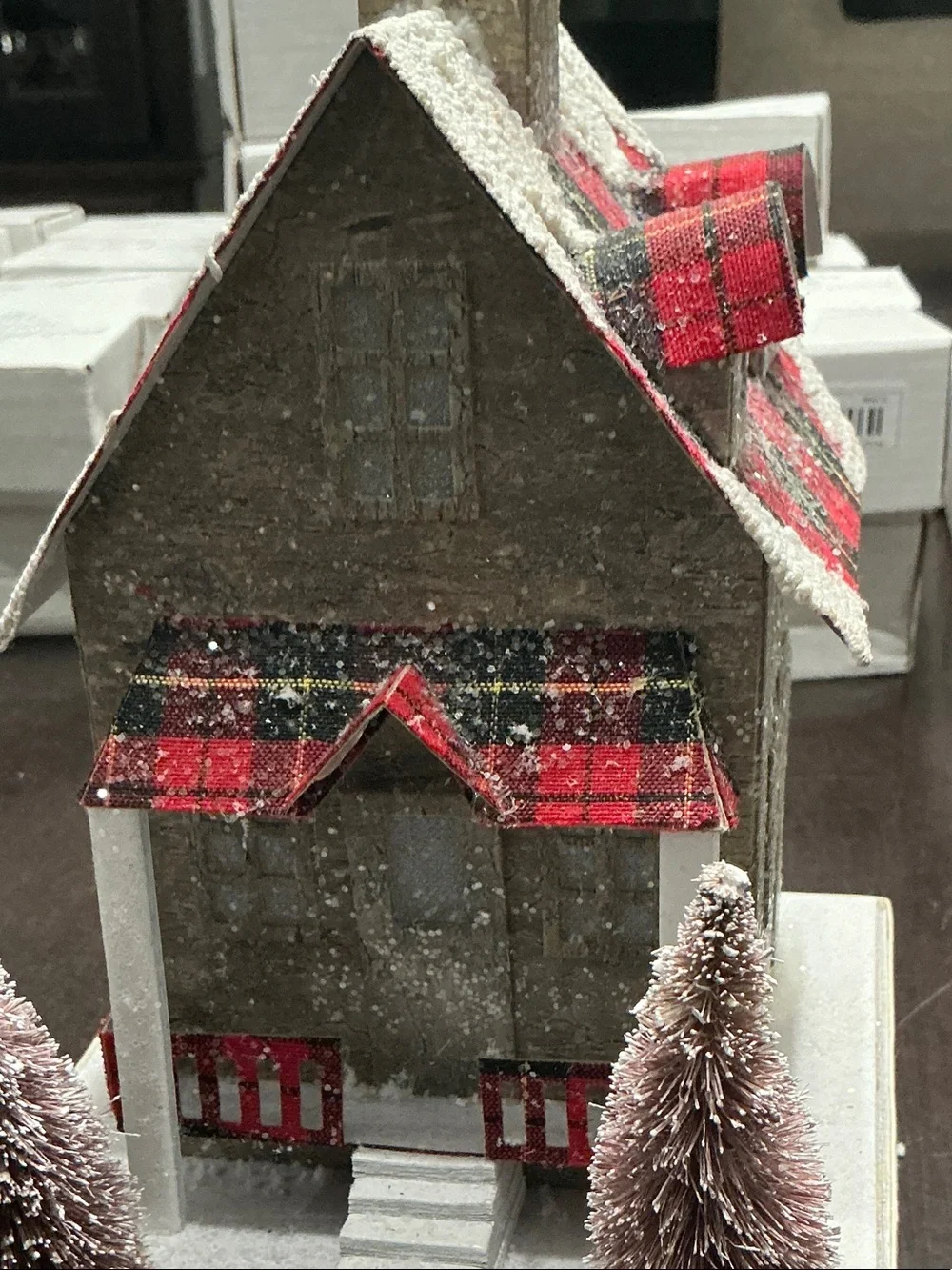 Plaid Roof Holiday Decorative House - White and Red